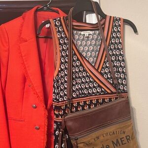 3 pc bundle Bar III Orange Blazer with Patterned Dress and Brown Bag